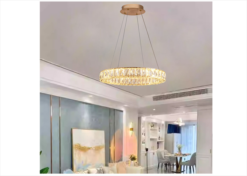 LÁMPARA DE TECHO LED DE CRISTAL K9, 50W, TONALIDAD DE 3000K, 110-240V, 50-60HZ, GRADO DE PROTECCION, IP20, ACABADO DORADO.