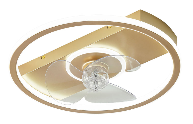 ABANICO DE TECHO DECORATIVO CON LUZ LED 60W, EMITE 1450LM, INTERRUPTOR CCT, 30K, 40K,65K, 110V-240V 60-60HZ CONTROL REMOTO ACABADO DORADO METAL+ ACRILICO.