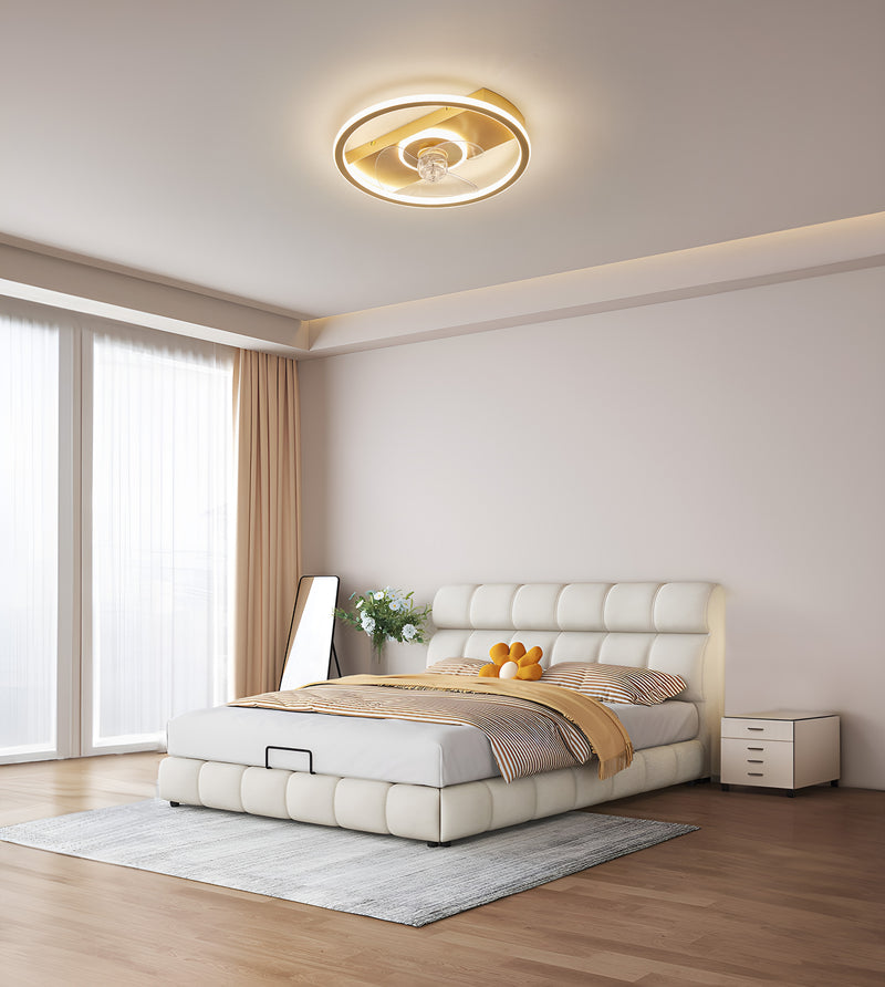 ABANICO DE TECHO DECORATIVO CON LUZ LED 60W, EMITE 1450LM, INTERRUPTOR CCT, 30K, 40K,65K, 110V-240V 60-60HZ CONTROL REMOTO ACABADO DORADO METAL+ ACRILICO.