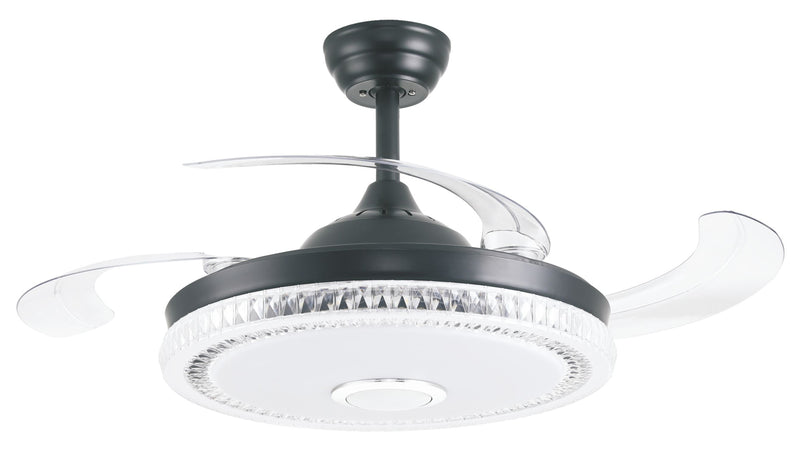ABANICO DE TECHO DECORATIVO 42”, ASPAS DE ABS RETRACTIL, LUZ LED 30W, INTERRUPTOR CCT PARA ELEGIR TONALIDAD DE LUZ: 30K, 40K, 65K, CONTROL REMOTO, 6 VELOCIDADES, MOTOR DC, CON BLUETOOTH Y BOCINA, ACABADO NEGRO MATE.