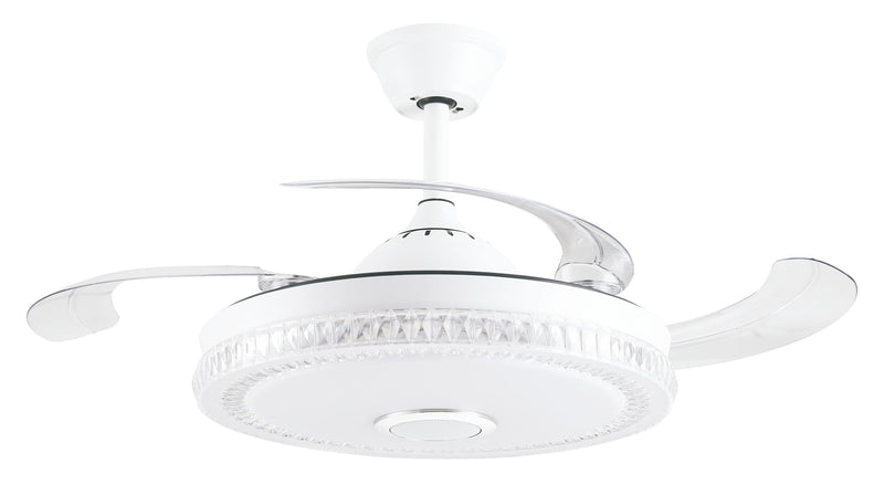 ABANICO DE TECHO DECORATIVO 42”, ASPAS DE ABS RETRACTIL, LUZ LED 30W, INTERRUPTOR CCT PARA ELEGIR TONALIDAD DE LUZ: 30K, 40K, 65K, CONTROL REMOTO, 6 VELOCIDADES, MOTOR DC, CON BLUETOOTH Y BOCINA, ACABADO BLANCO.