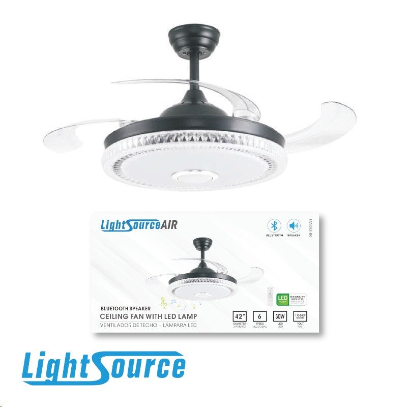 ABANICO DE TECHO DECORATIVO 42”, ASPAS DE ABS RETRACTIL, LUZ LED 30W, INTERRUPTOR CCT PARA ELEGIR TONALIDAD DE LUZ: 30K, 40K, 65K, CONTROL REMOTO, 6 VELOCIDADES, MOTOR DC, CON BLUETOOTH Y BOCINA, ACABADO NEGRO MATE.