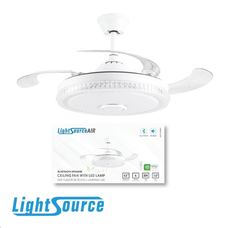 ABANICO DE TECHO DECORATIVO 42”, ASPAS DE ABS RETRACTIL, LUZ LED 30W, INTERRUPTOR CCT PARA ELEGIR TONALIDAD DE LUZ: 30K, 40K, 65K, CONTROL REMOTO, 6 VELOCIDADES, MOTOR DC, CON BLUETOOTH Y BOCINA, ACABADO BLANCO.