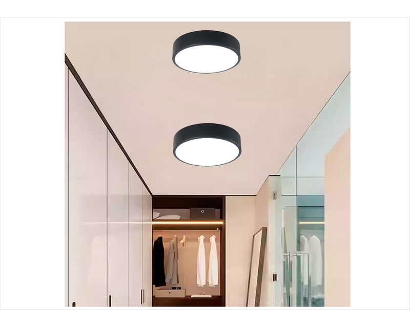 LÁMPARA DE TECHO TIPO PLAFON EMPAQUE DUO, LED 12W, INTERRUPTOR PARA ELEGIR TONALIDAD DE LUZ CCT: 30K,40K,60K, 110-240V, ACABADO NEGRO.