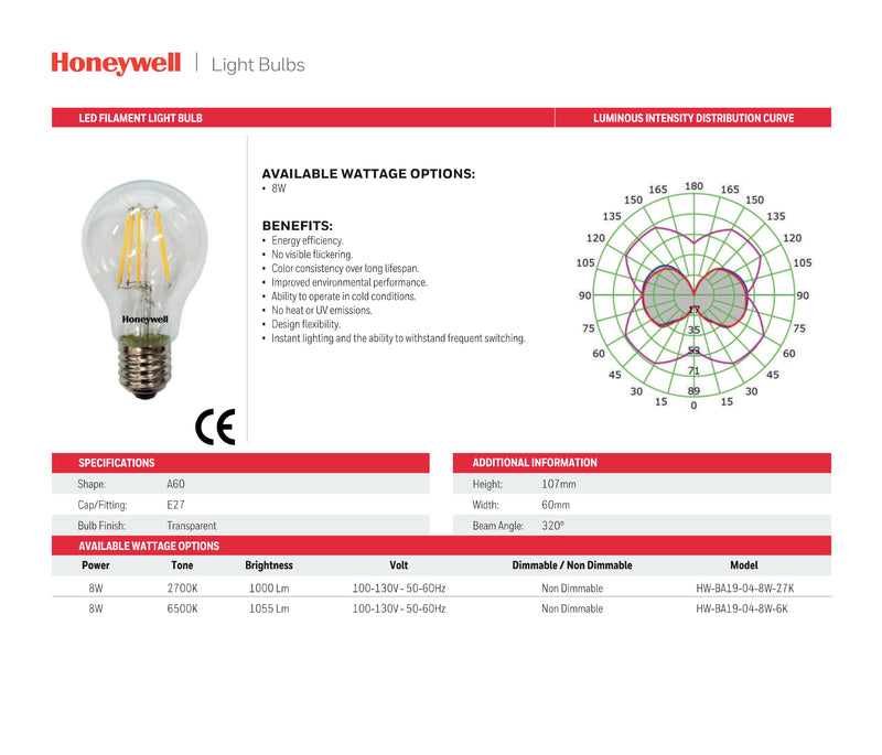 FOCO LED FILAMENTO DE 8W, TONALIDAD DE 2700K (CALIDA) 1000LM, 100-130V/50-60HZ, PF >0.5, CRI>80, MARCA HONEYWELL.