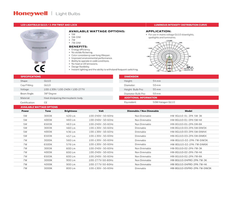 FOCO LED DIMEABLE GU10, 7W, TONALIDAD 3000K, 560LM, 110-130V/50-60HZ, PF>0.5 CRI>80.