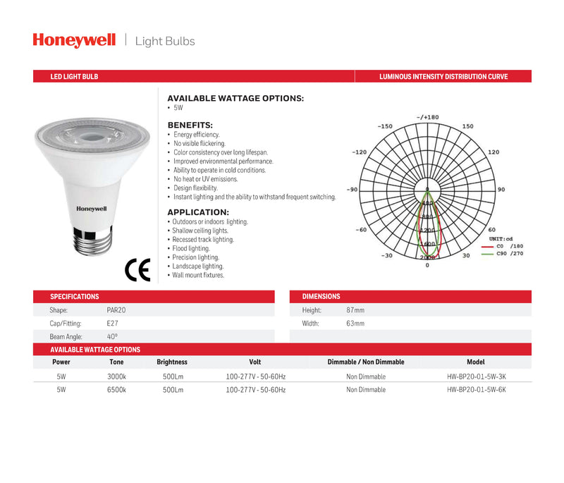 FOCO LED PAR20, E27, 5W, 500LM, 6500K, 100-240V, 50-60HZ PF>0.5, CRI>80, MARCA HONEYWELL.
