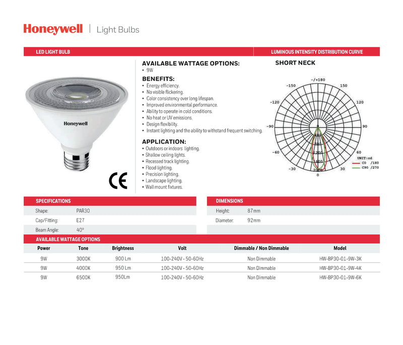 FOCO LED PAR30 E27, 9W, 950LM, 4000K, 100-240V, 50-60HZ PF>0.5, CRI>80, MARCA HONEYWELL.