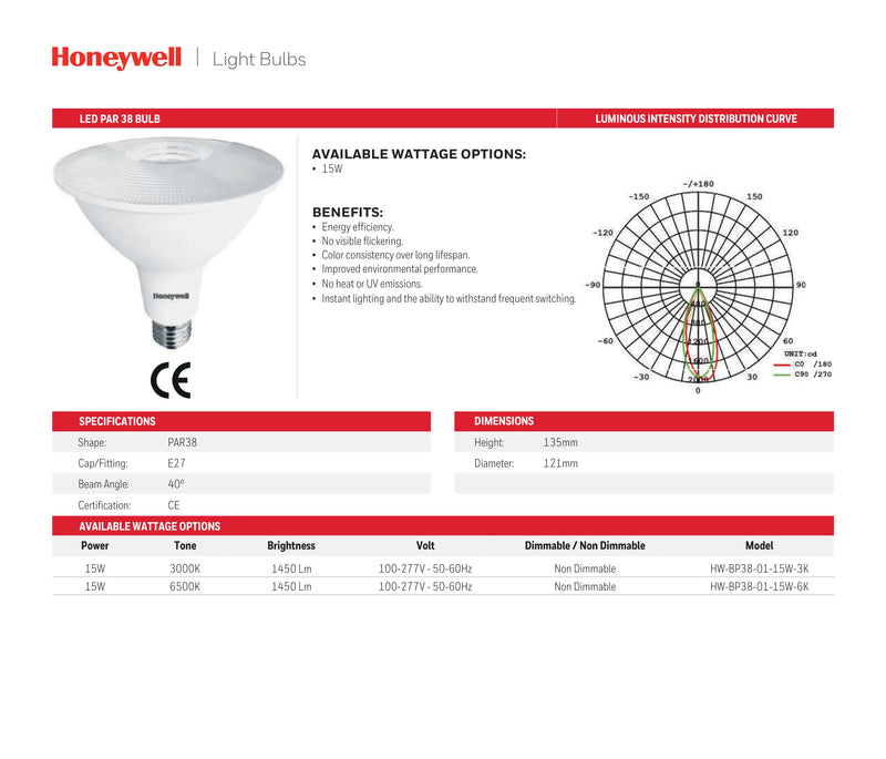 FOCO LED PAR38, E27, 12W, 1450LM, 3000K, 100-240V/50-60HZ  PF>0.5, CRI>80, MARCA HONEYWELL.