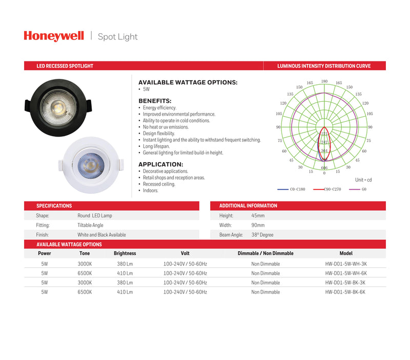 SPOT DE TECHO EMPOTRADO LED 5W, 380LM, 3000K, 100-240V,50-60HZ, PF>0.5, CRI>80 38° ACABADO NEGRO.
