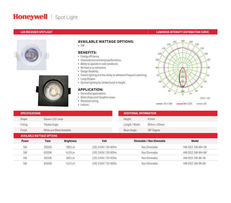 SPOT DE TECHO EMPOTRADO LED 5W, 410LM, 6500K, 100-240V,50-60HZ, PF>0.5, CRI>80 38° ACABADO BLANCO.