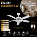 Abanico De Techo Decorativo Blanco 52"  2Xe27-40W  ( No Incluido) 6 Velocidades Con Control Remoto 110-240V.