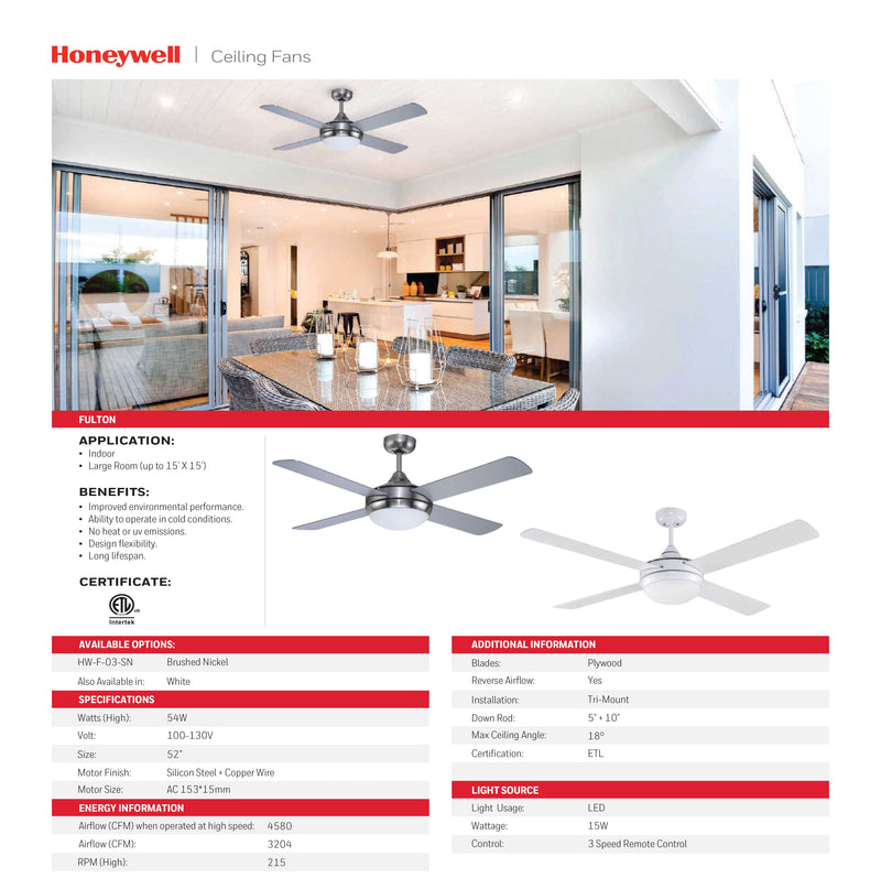 ABANICO DE TECHO MODELO FULTON, DECORATIVO 52", LED-15W, AJUSTE DE TONALIDAD DE LUZ CCT: 3000K, 4000K, 6000K, 120V/60HZ, ACABADO SILVER, CON CERTICACION ETL.