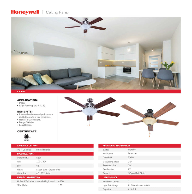 ABANICO DE TECHO MODELO CALERA, DECORATIVO 52" 2 X E27-50W (NO INCLUIDO)  120V/60HZ, CON CERTICACION ETL.