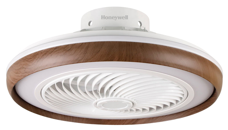 ABANICO DE TECHO MODELO UFO, DECORATIVO 19”,  LED 40W, AJUSTE DE TONALIDAD DE LUZ CCT: 3000K- 4000K- 6000K, IP20, ACABADO BLANCO + NOGAL, 100-240V 50-60HZ.
