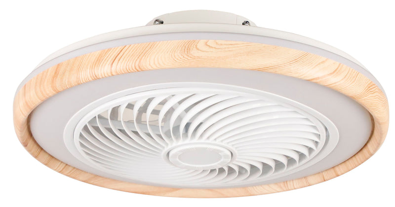 ABANICO DE TECHO MODELO UFO, DECORATIVO 19",  LED 40W, AJUSTE DE TONALIDAD DE LUZ CCT: 3000K- 4000K- 6000K, IP20,ACABADO BLANCO + MADERA.