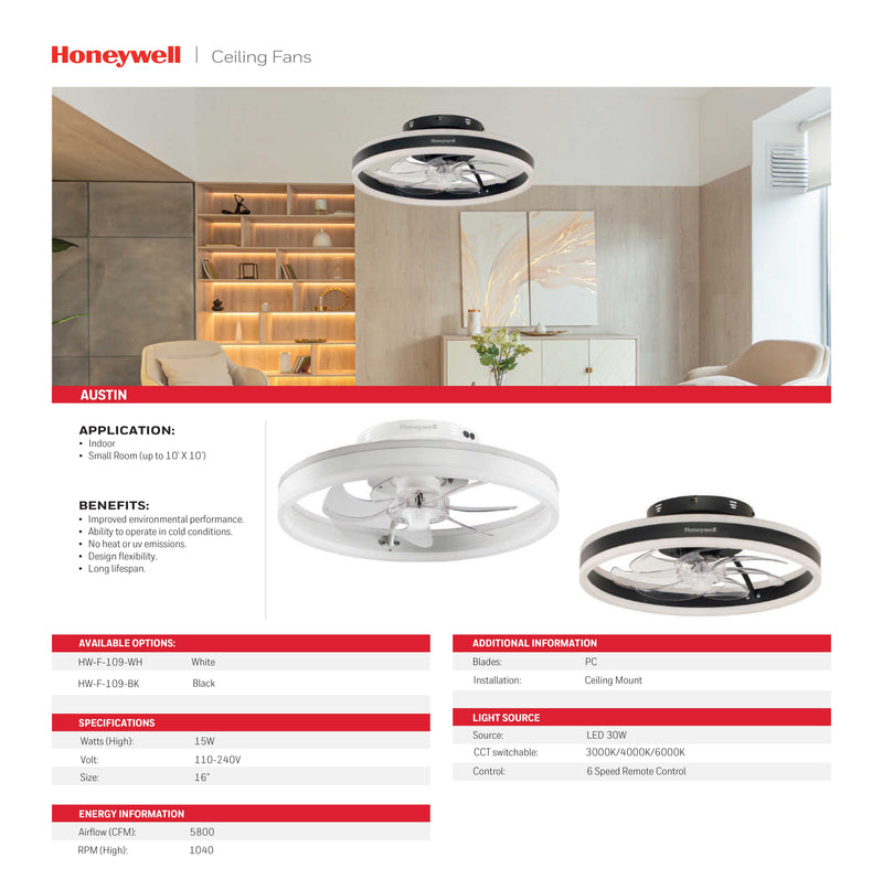 ABANICO DE TECHO MODELO AUSTIN, DECORATIVO 16¨CON LUZ LED 25W, INTERRUPTOR CCT: 30K,40,60K, GRADO DE PROTECCION IP20.