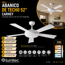 Abanico De Techo Carney 52" Con Luz Led 32W Cct: 30k,40k,60k Dimeable 6 Velociodades Control Remoto 110-240V.