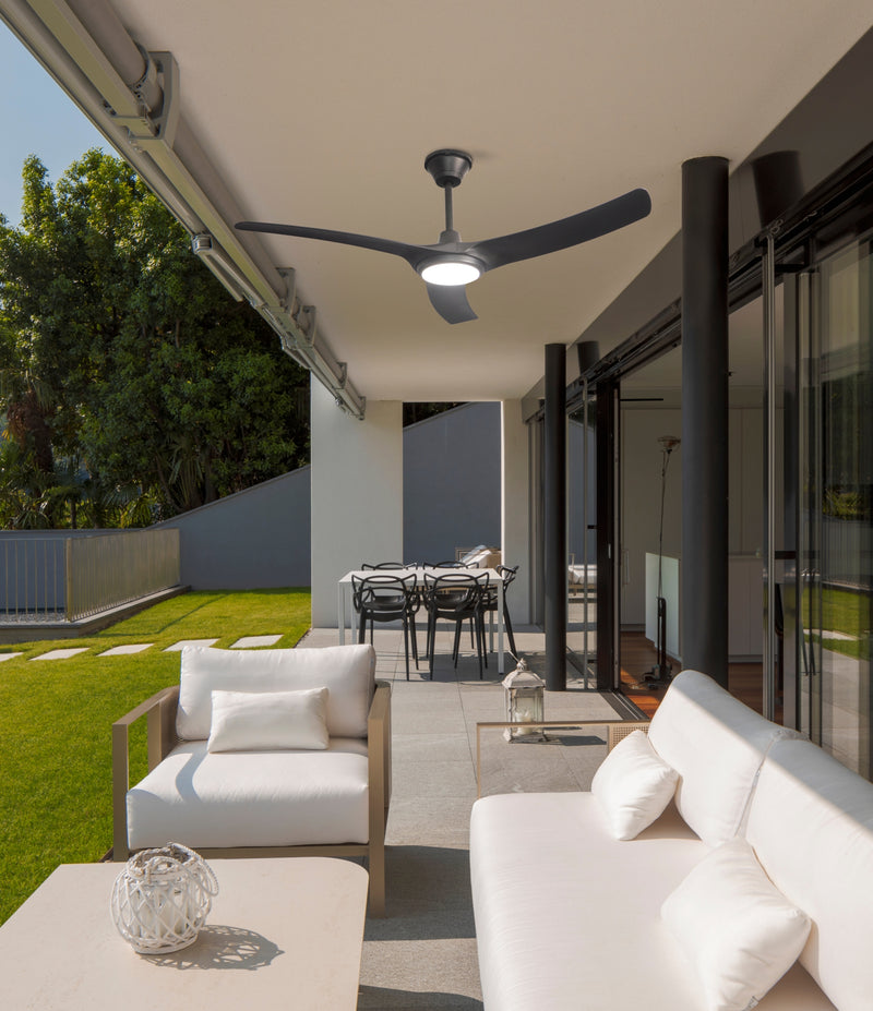ABANICO DE TECHO MODELO MEMPHIS, PARA  EXTERIOR O INTERIOR 52”, 18W LED , AJUSTE DE TONALIDAD DE LUZ CCT: 30K, 40K, 65K, DIMEABLE, 110-240V, 50-60HZ, IP44, ACABADO NEGRO.