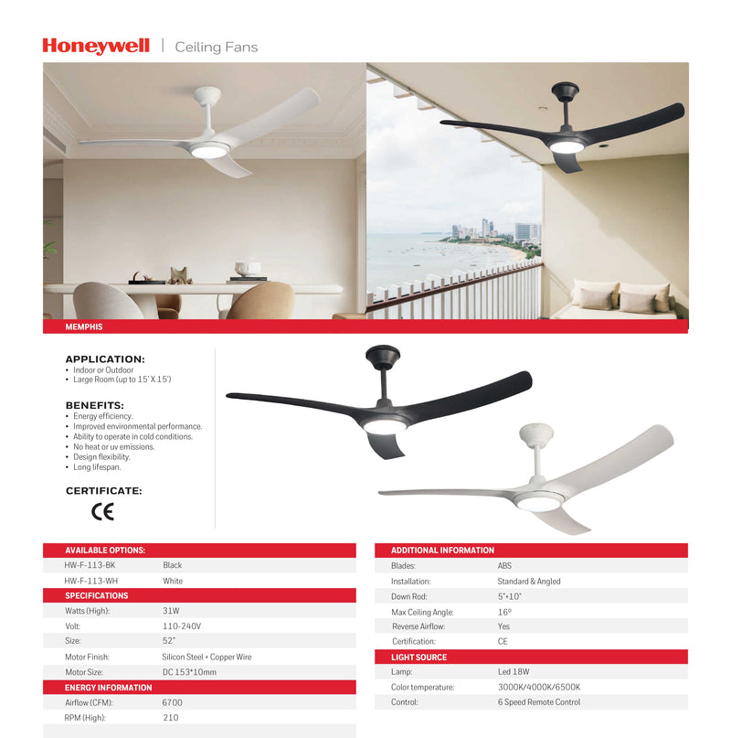ABANICO DE TECHO MODELO MEMPHIS, PARA  EXTERIOR O INTERIOR 52”, 18W LED , AJUSTE DE TONALIDAD DE LUZ CCT: 30K, 40K, 65K, DIMEABLE, 110-240V, 50-60HZ, IP44, ACABADO NEGRO.
