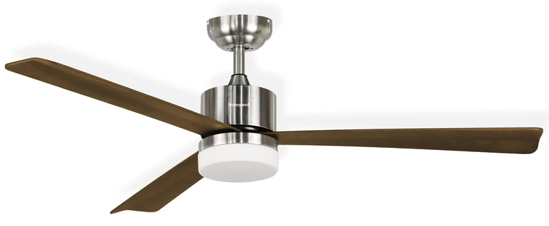 ABANICO DE TECHO MODELO DULUTH, DECORATIVO 52”, LED 20W, AJUSTE DE TONALIDAD DE LUZ CCT: 3000K 4000K 6000K, 6 VELOCIDADES, IP20, 110-240V 50-60HZ, ACABADO NOGAL + SATIN NICKEL.