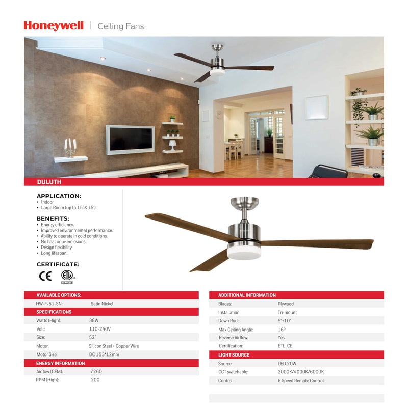 ABANICO DE TECHO MODELO DULUTH, DECORATIVO 52”, LED 20W, AJUSTE DE TONALIDAD DE LUZ CCT: 3000K 4000K 6000K, 6 VELOCIDADES, IP20, 110-240V 50-60HZ, ACABADO NOGAL + SATIN NICKEL.