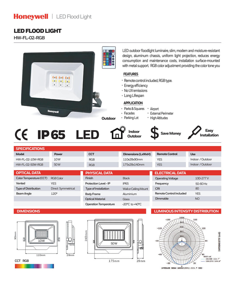 REFLECTOR LED 10W, RGB, 100-277V, 50-60HZ, GRADO DE PROTECCION IP65, CRI80, IK07, ACABADO NEGRO.