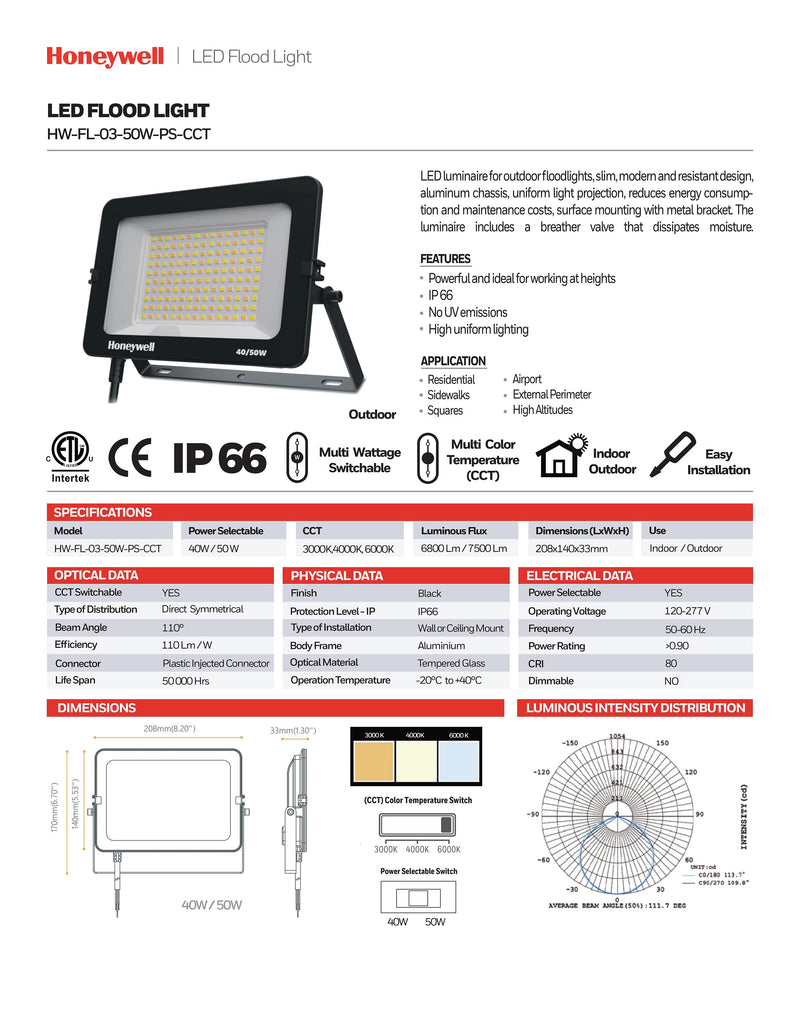 REFLECTOR LED CONMUTABLE  40W - 6800LM,&NBSP; 50W - 7500LM, IINTERRUPTOR PARA AJUSTE DE TONALIDAD DE LUZ CCT 30K,40K,60K, CRI80, IP66, IK07.