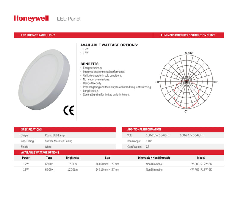 LÁMPARA DE TECHO PANEL LED SUPERFICIAL REDONDO 12W, 750LM, 6500K, 100-265V/50-60HZ CRI>70 PF>0.50, MARCA HONEYWELL.