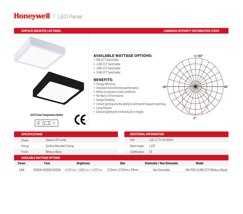 LÁMPARA DE TECHO LED SUPERFICIAL CUADRADA 18W, INTERRUPTOR PARA ELEGIR TONALIDAD DE LUZ CCT: 30K (1,430LM), 40K (1,580LM), 65K (1,430LM), 110-277V 50-60HZ, MARCA HONEYWELL.