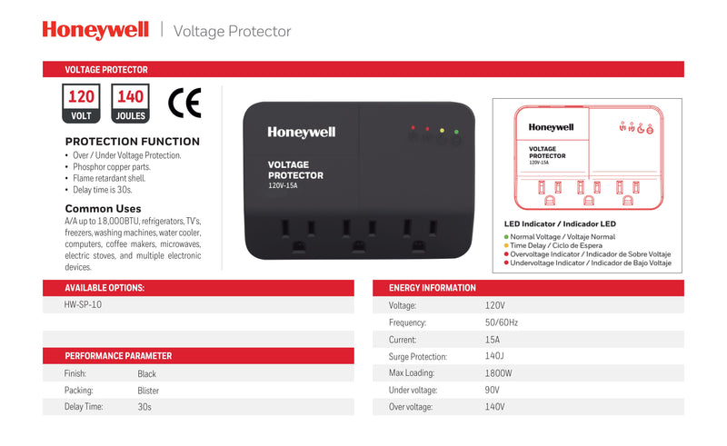 PROTECTOR DE VOLTAJE CONTRA SOBRETENSIONES 140J 3 ENCHUFES 1800W MAX. 15A 120V 50-60HZ, ACABADO NEGRO.