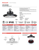 HIGH BAY UFO LED CONMUTABLE 110W(19500LM) 150W(26400LM) 200W(34600LM) INTERRUPTOR PARA ELEGIR TONALIDAD DE LUZ CCT 30K,40K,60K, 100-277V, 50-60HZ, IP65, IK08, MARCA HONEYWELL.