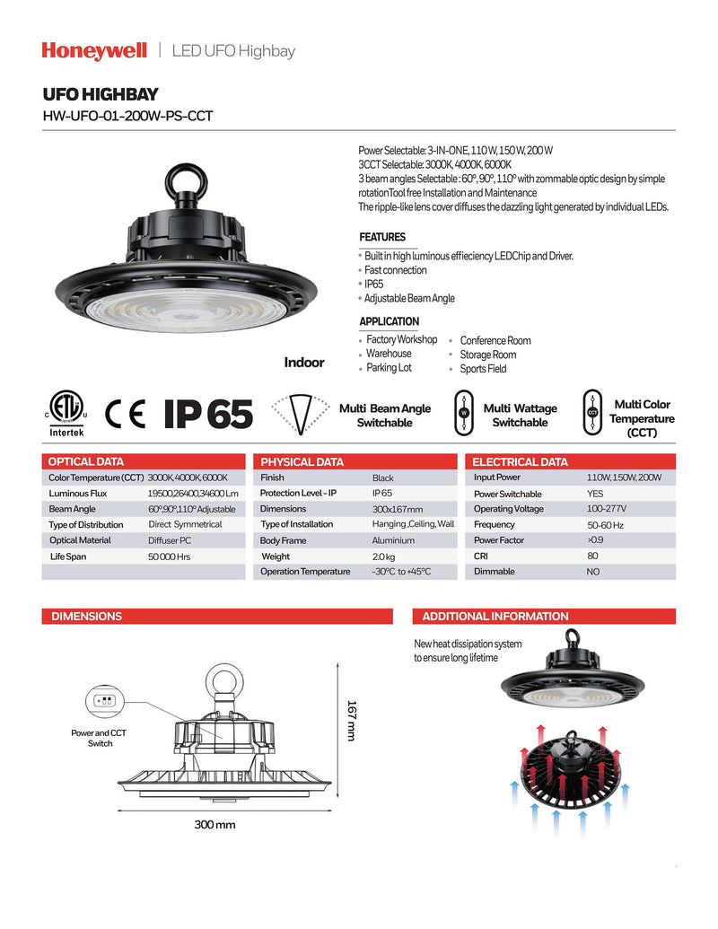 HIGH BAY UFO LED CONMUTABLE 110W(19500LM) 150W(26400LM) 200W(34600LM) INTERRUPTOR PARA ELEGIR TONALIDAD DE LUZ CCT 30K,40K,60K, 100-277V, 50-60HZ, IP65, IK08, MARCA HONEYWELL.