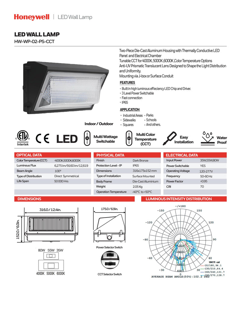 LÁMPARA DE PARED LED CONMUTABLE 35W (6,275LM), 55W (9,160LM), 80W (12,619LM), 12,000LM, INTERRUPTOR PARA ELEGIR TONALIDAD DE LUZ CCT 40K,50K,60K,120-277V 50-50HZ, GRADO DE PROTECCION IP65, MARCA HONEYWELL.