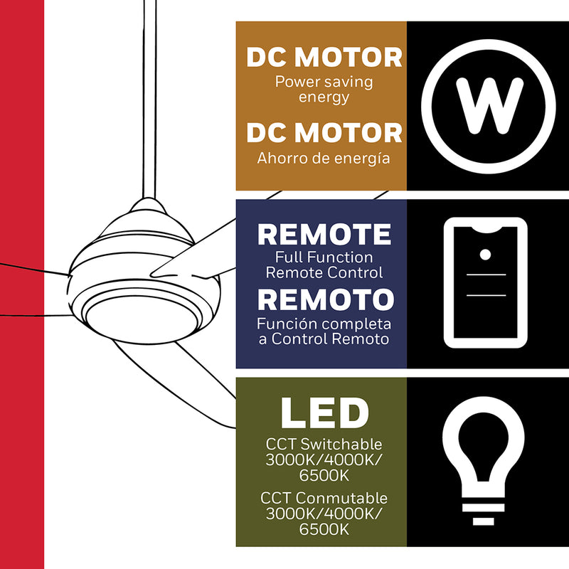 ABANICO DE TECHO MODELO CARNEY, 52", 32W LED, AJUSTE DE TONALIDAD DE LUZ CCT: 3000K,4000K,6000K, 110-240V 50-60HZ, GRADO DE PROTECCION IP20, ACABADO BLANCO.