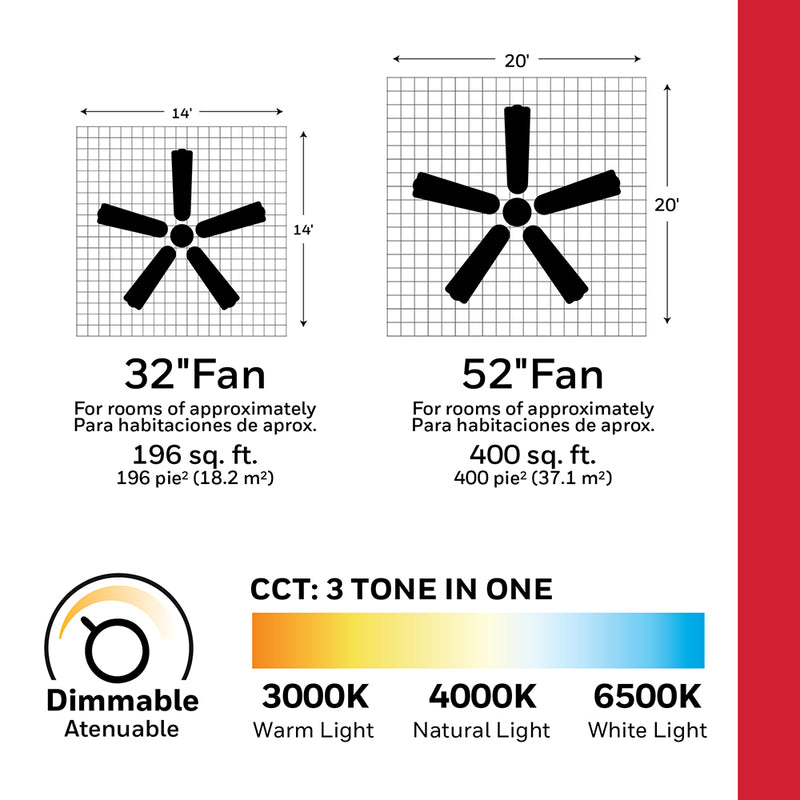 ABANICO DE TECHO MODELO CULLMAN, DECORATIVO 52", LED 20W, AJUSTE DE TONALIDAD DE LUZ CCT: 3000K, 4000K, 6000K, PANTALLA ACRILICA 110-240V /50-60HZ, CON CERTICACION ETL, CE.