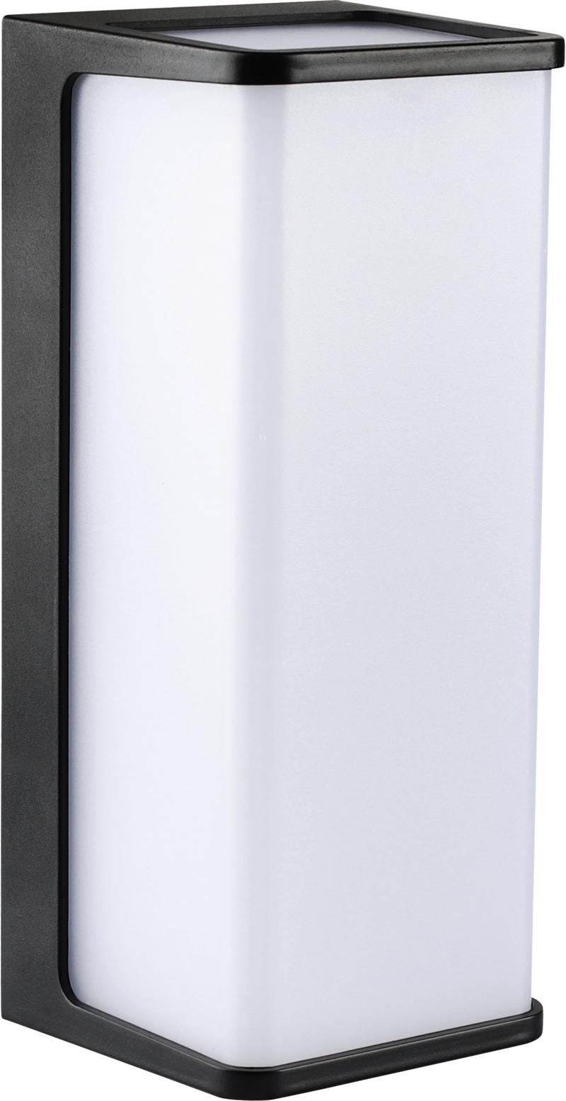 LÁMPARA DE PARED EXTERIOR DECORATIVA LED 10W, EMITE 800LM, CRI80, 100-240V, 50-60HZ, GRADO DE PROTECCION IP65,  ACABADO NEGRO.