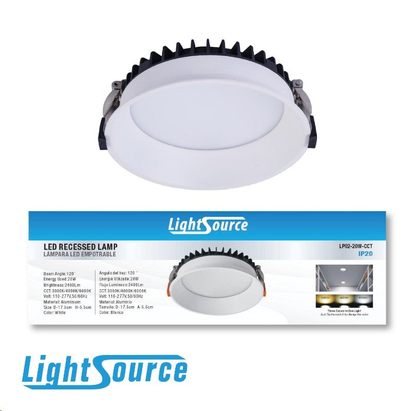 LÁMPARA DE TECHO LED EMPOTRADA 20W, EMITE 2000LM , INTERRUPTOR CCT PARA ELEGIR TONALIDAD DE LUZ: 30K,40K,60K, 100-277X/50-60HZ(305V), MARCA LIGHTSOURCE.