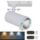 LÁMPARA SPOT DE RIEL LED CONMUTABLE 20W-25W-30W, EMITE 2000LM-2500LM-3000LM, INTERRUPTOR PARA ELEGIR TONALIDAD DE LUZ CCT: 30K,40K,60K, ÁNGULO DE APERTURA  AJUSTABLE 10-60°, ACABADO BLANCO.