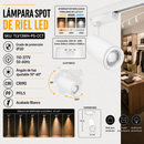 Lámpara Spot De Riel Led Conmutable 20W-25W-30W, Emite 2000Lm-2500Lm-3000Lm, Interruptor Para Elegir Tonalidad De Luz Cct: 30K,40K,60K, Ángulo De Apertura  Ajustable 10-60°, Acabado Blanco.