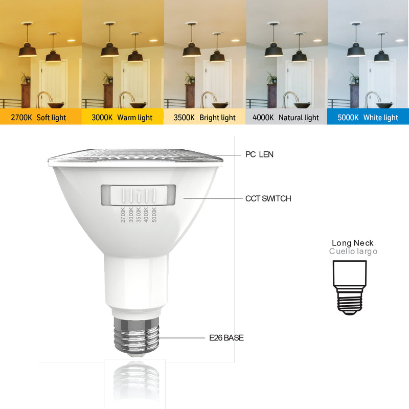 FOCO LED PAR30-E27 9W UL LISTED, 5 EN 1, EMPAQUE DUO EMITE 950LM CUELLO LARGO 5 X CCT AJUST. 27K,30K,35K,40K,50K,120V
