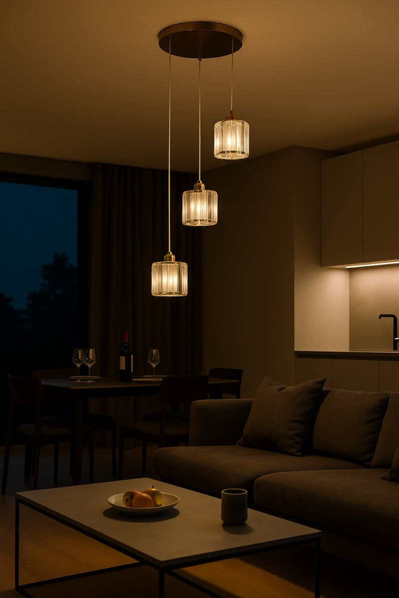 LÁMPARA COLGANTE  CRISTAL K9 DECORATIVA 3XE27-40W ACABADO GOLDEN / CRISTAL METAL