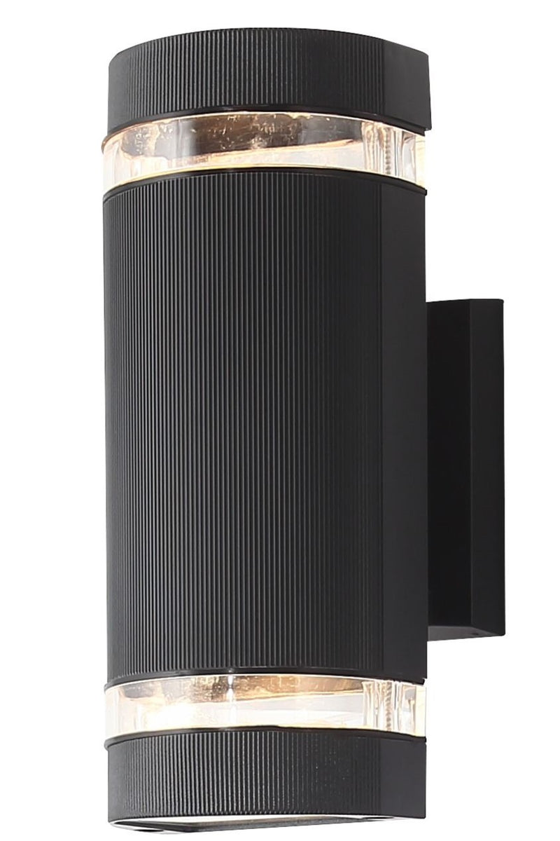 LÁMPARA DE PARED EXTERIOR DECORATIVA 2XGU10 -50W, CON ILUMINACION ARRIBA Y ABAJO, 110-240V, GRADO DE PROTECCION IP54, ACABADO NEGRO.