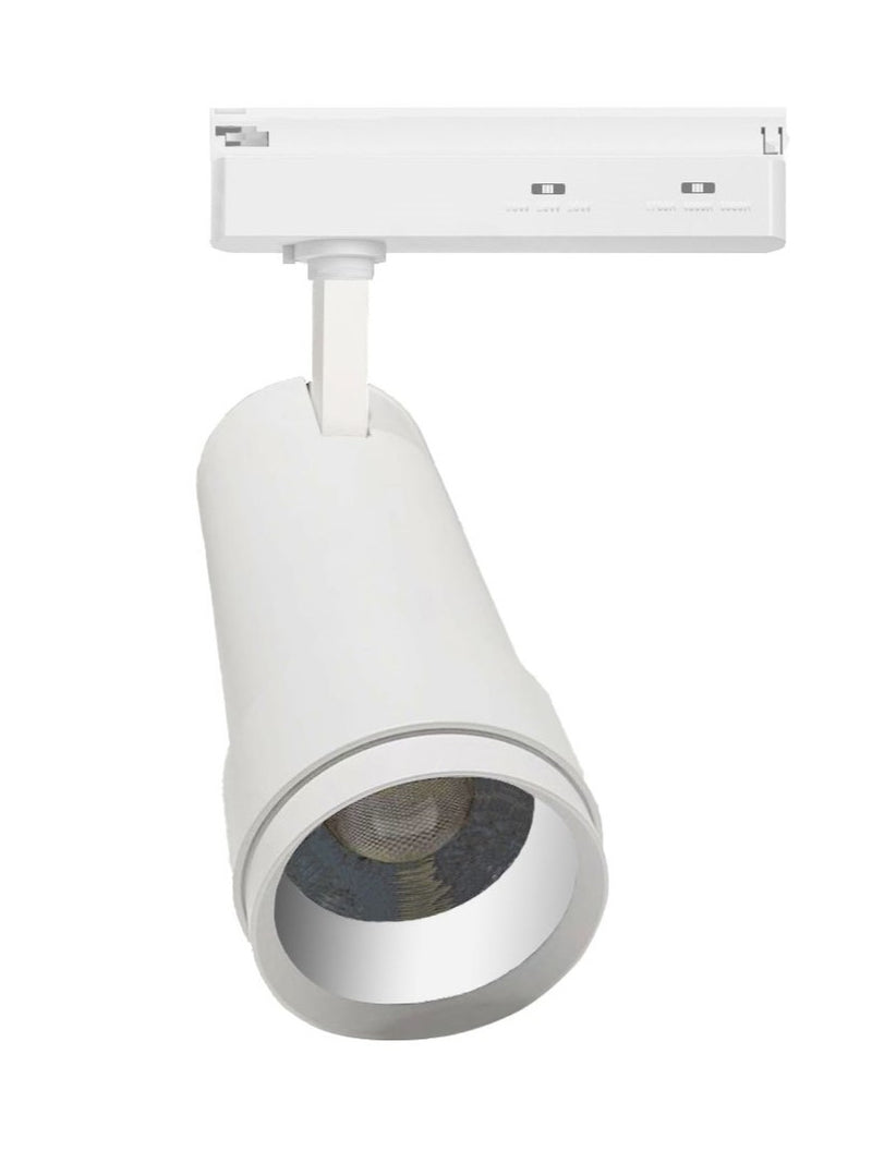 LÁMPARA SPOT LED DE RIEL ANGULO AJUSTABLE 15-60° CONMUTABLE 20W -25W-30W 100LM/W, INTERRUPTOR CCT,30K,40K,60K 110-277V, MARCA LIGHTSOURCE.