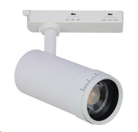 Lámpara spot de riel led conmutable 20w-25w-30w, emite 2000lm-2500lm-3000lm, interruptor para elegir tonalidad de luz cct: 30k,40k,60k, ángulo de apertura  ajustable 10-60°, acabado blanco.