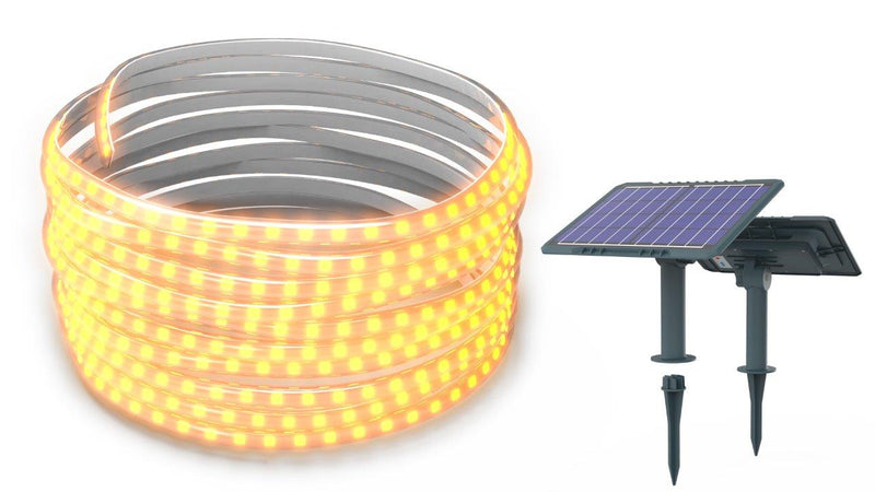 TIRA DE LUCES LED SOLAR 5MTS, 48LEDS/MTS, SMD2835, TONALIDAD DE 3000K, PANEL 4V/9W BATERIA 3.2V.