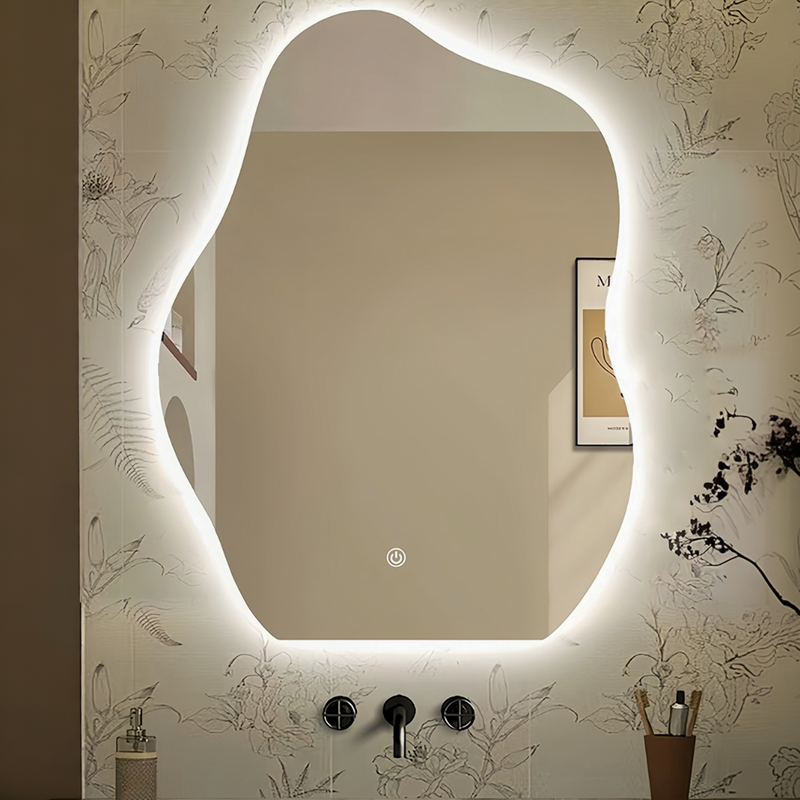 ESPEJO CON ILUMINACION LED, DIMEABLE, 12W, INTERRUPTOR TACTIL PARA ENCENDIDO/APAGADO Y CAMBIO DE LUZ CCT 30K,40K,60K, 100-240V 50-60HZ, ACABADO CROMO + MATERIAL VIDRIO.