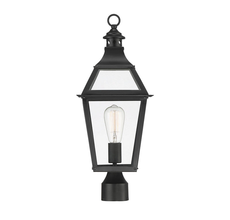 One Light Post Lantern<br /><span style="color:#4AB0CE;">Entrega: 4-10 dias en USA</span><br /><span style="color:#4AB0CE;font-size:60%;">PREGUNTE POR ENTREGA EN PANAMA</span><br />Collection: Jackson<br />Finish: Black with Gold Highlights