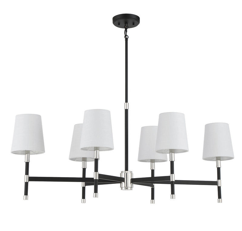 Six Light Linear Chandelier<br /><span style="color:#4AB0CE;">Entrega: 4-10 dias en USA</span><br /><span style="color:#4AB0CE;font-size:60%;">PREGUNTE POR ENTREGA EN PANAMA</span><br />Collection: Brody<br />Finish: Matte Black with Polished Nickel Ac...