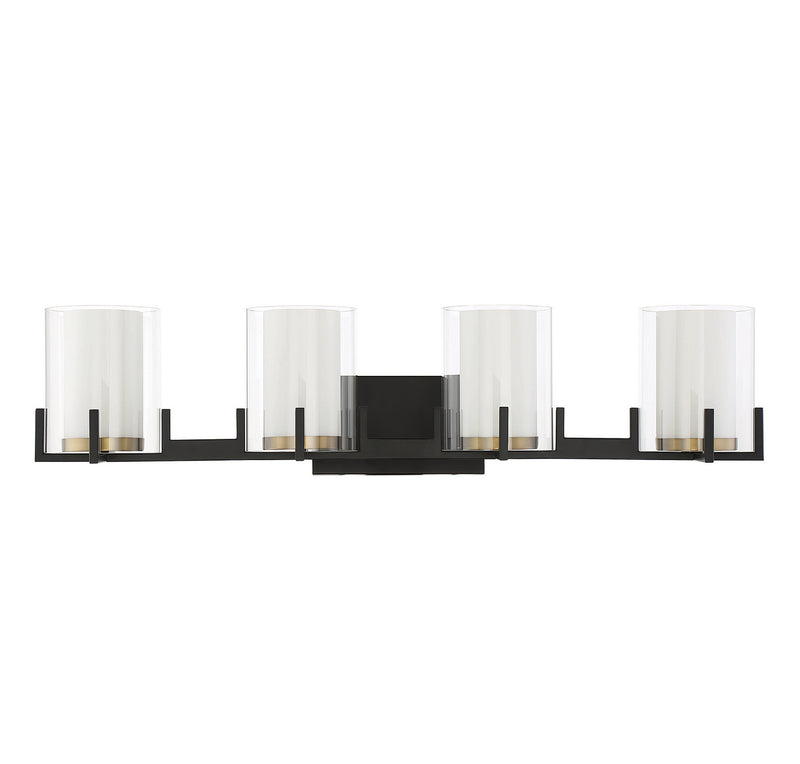 Four Light Bathroom Vanity<br /><span style="color:#4AB0CE;">Entrega: 4-10 dias en USA</span><br /><span style="color:#4AB0CE;font-size:60%;">PREGUNTE POR ENTREGA EN PANAMA</span><br />Collection: Eaton<br />Finish: Matte Black with Warm Brass Accents